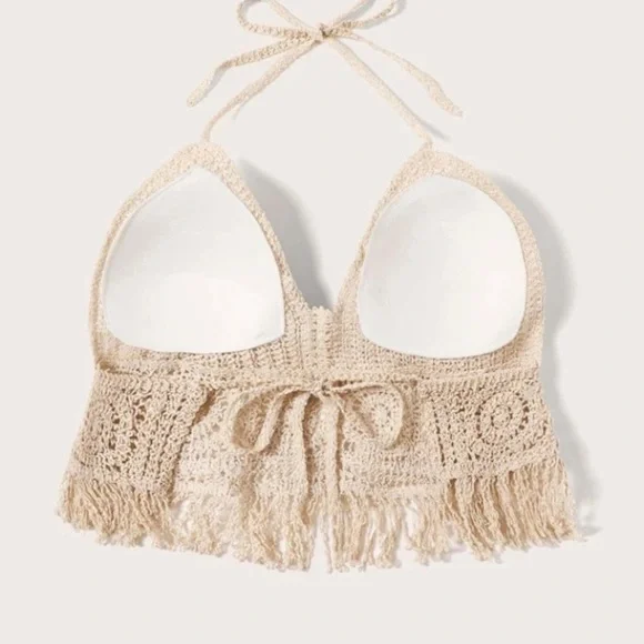 Fringe Hem Crocheted Halter Top size S‎ Bohemian romantic festival summer hippie - Picture 5 of 11